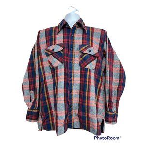 Vintage Flannel Plaid Shacket Jacket Wool Blend Shirt Men Sz‎ L Pockets Grandpa